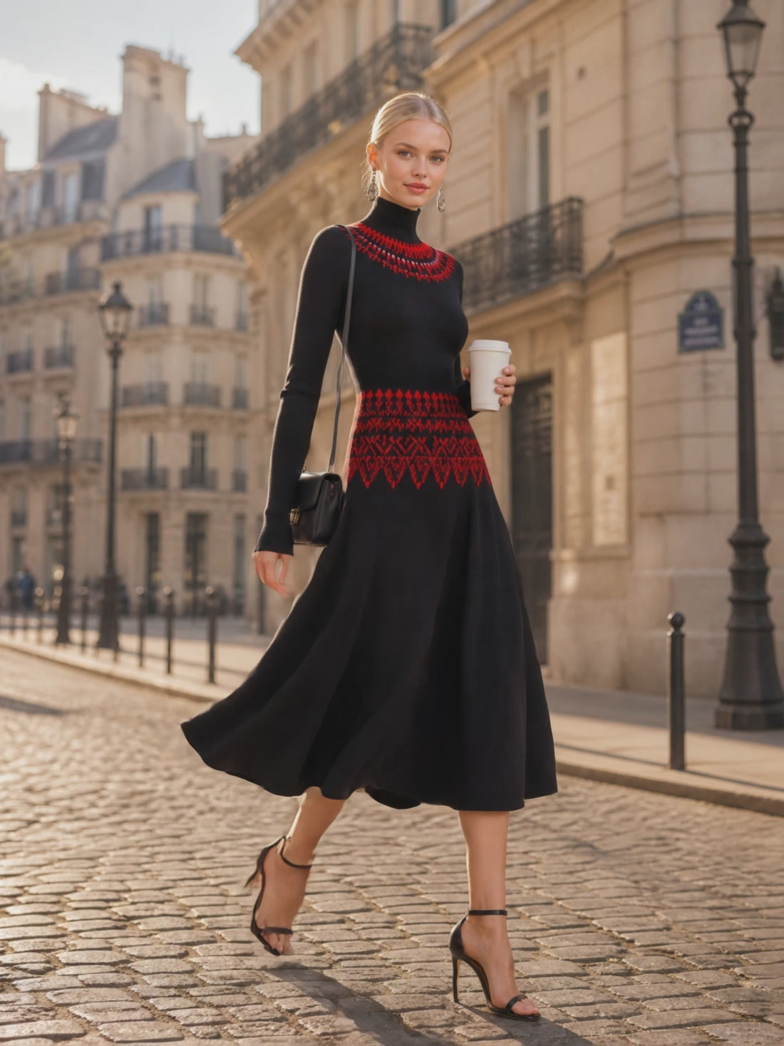 Retro-chic Red Patterned Knitted Maxi Dress