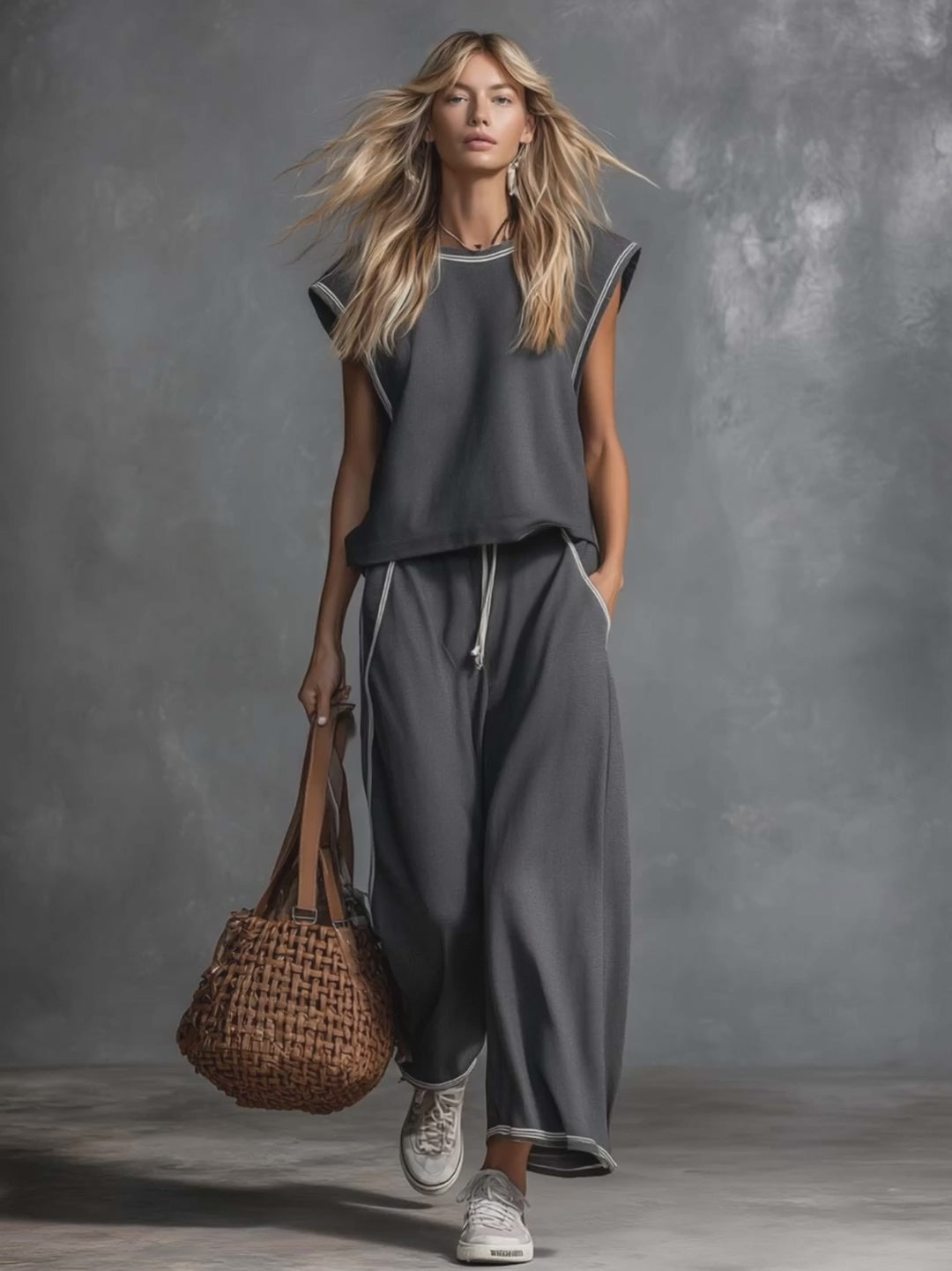 Casual Fashion Sporty Breathable Gray Cotton Crew-Neck Top And Pants Set