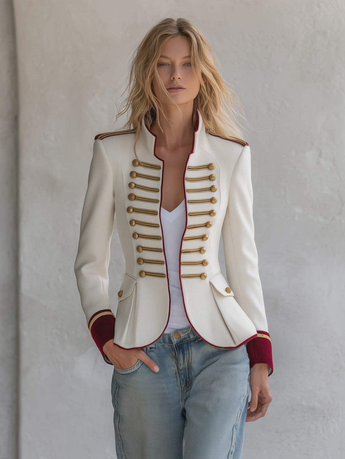 Retro-elegant Military-style Jacket Featuring Contrasting Panels Of Wool-blend Fabric And Velvet