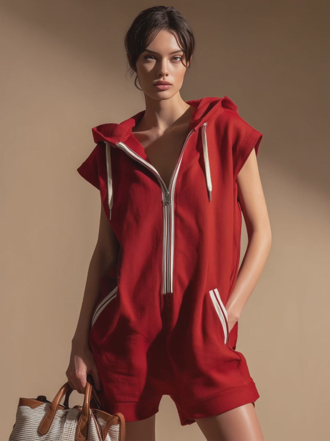 Hooded Zippered Color-blocked Double-pocket Sleeveless Short Jumpsuit