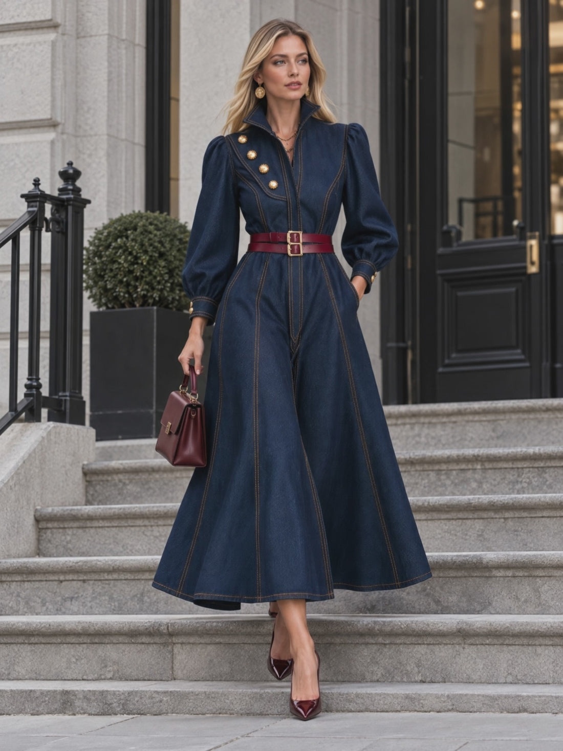 Vintage Military Dark Wash Gold Button Denim Maxi Dress