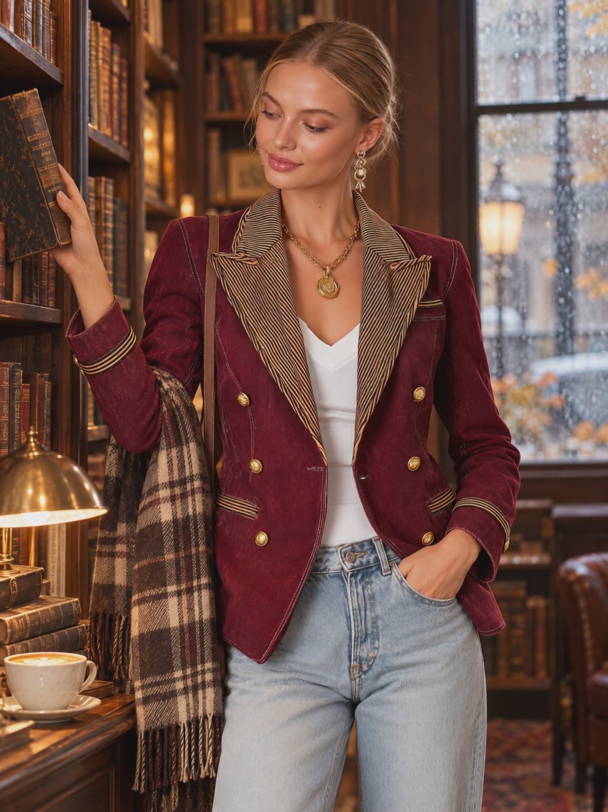 Burgundy Double and Striped Lapels Breasted Blazer