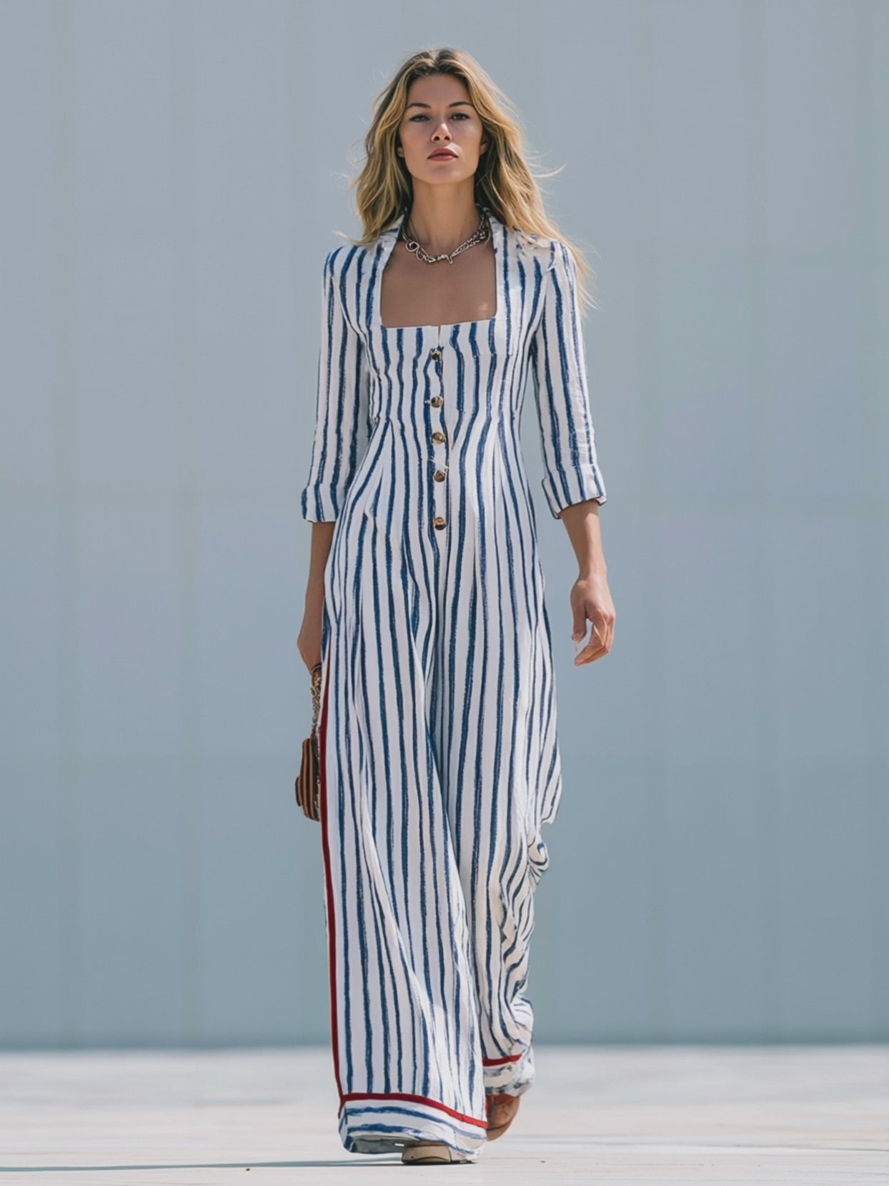Elegant Urban Blue Striped Square-Neck Cotton-Linen Long-Sleeve Jumpsuit