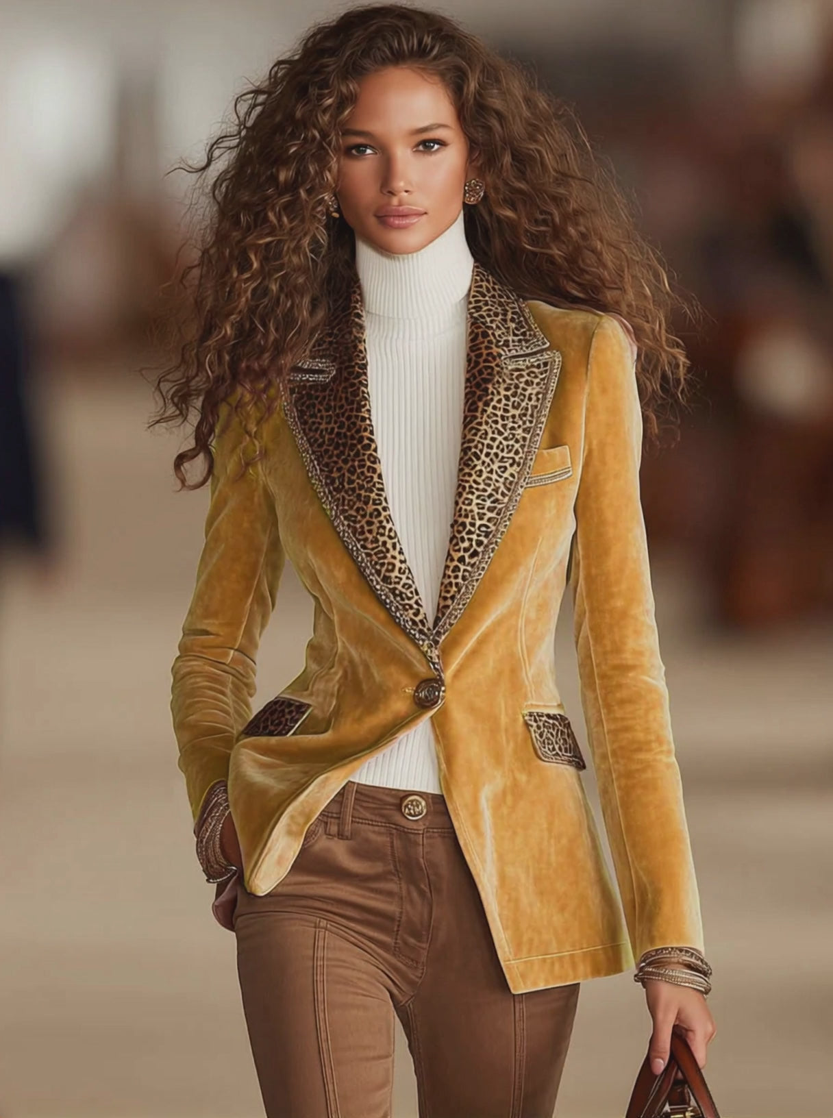 Pink Velvet Stitching Leopard Print One Button Blazer