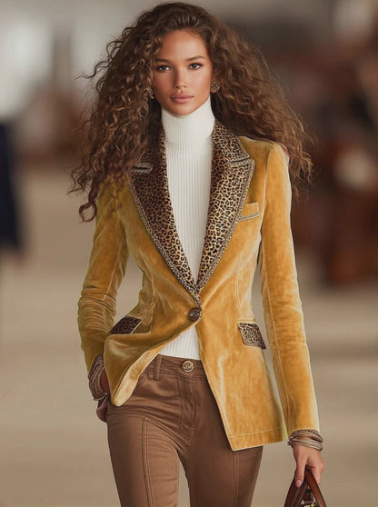 Pink Velvet Stitching Leopard Print One Button Blazer