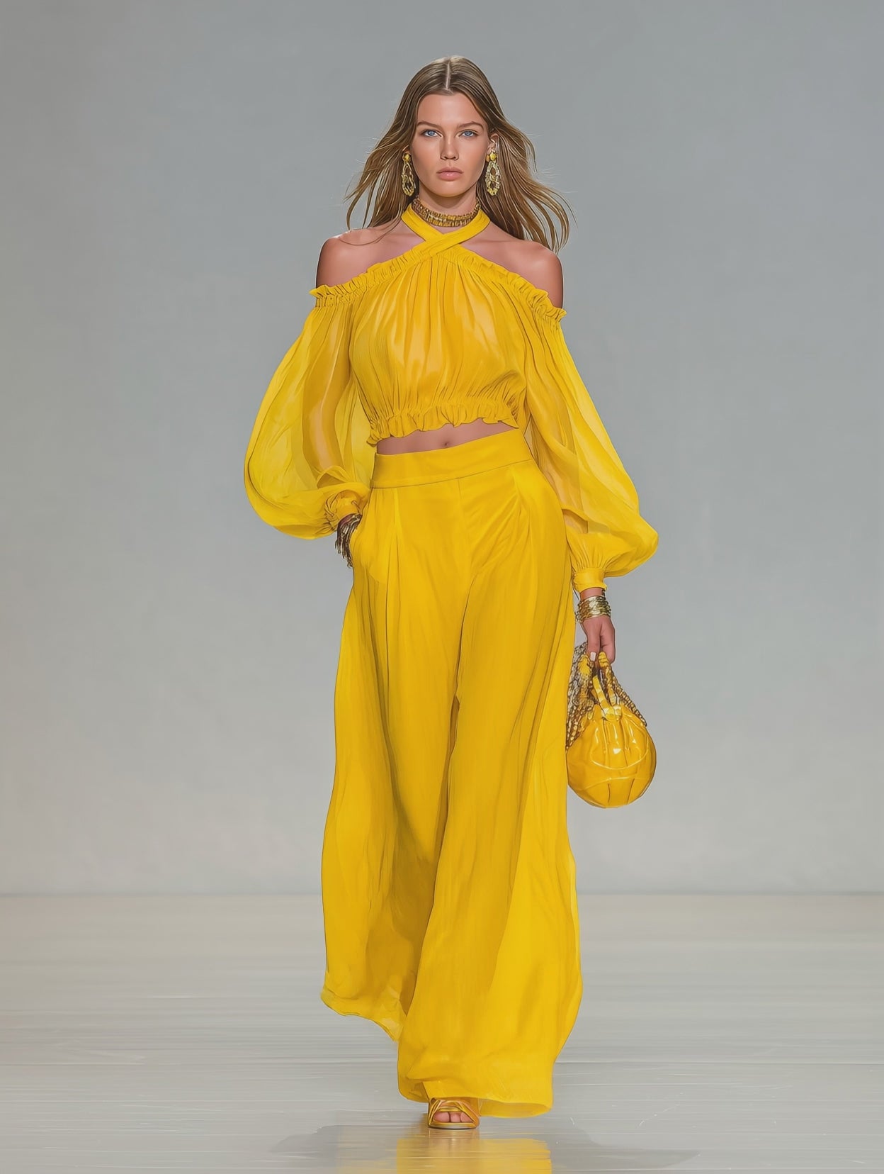 Elegant Urban Style Halter-neck Chiffon Top And Wide-leg Pants Set