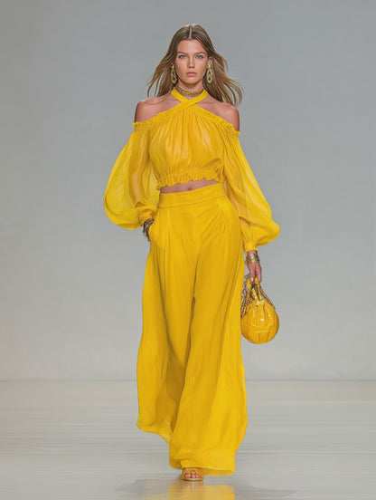 Elegant Urban Style Halter-neck Chiffon Top And Wide-leg Pants Set