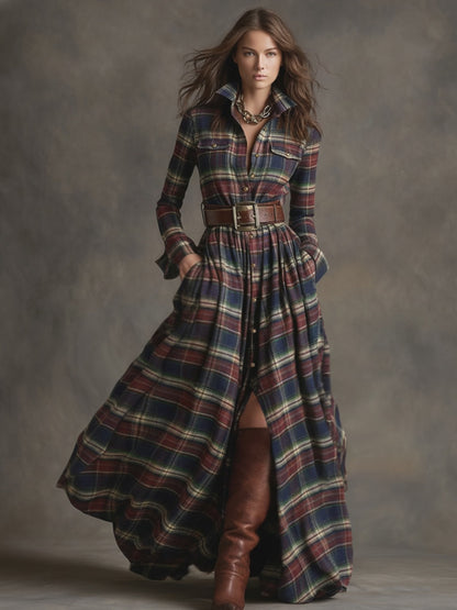 Retro Ethnic Style Lapel Reddish Brown Plaid Maxi Dress