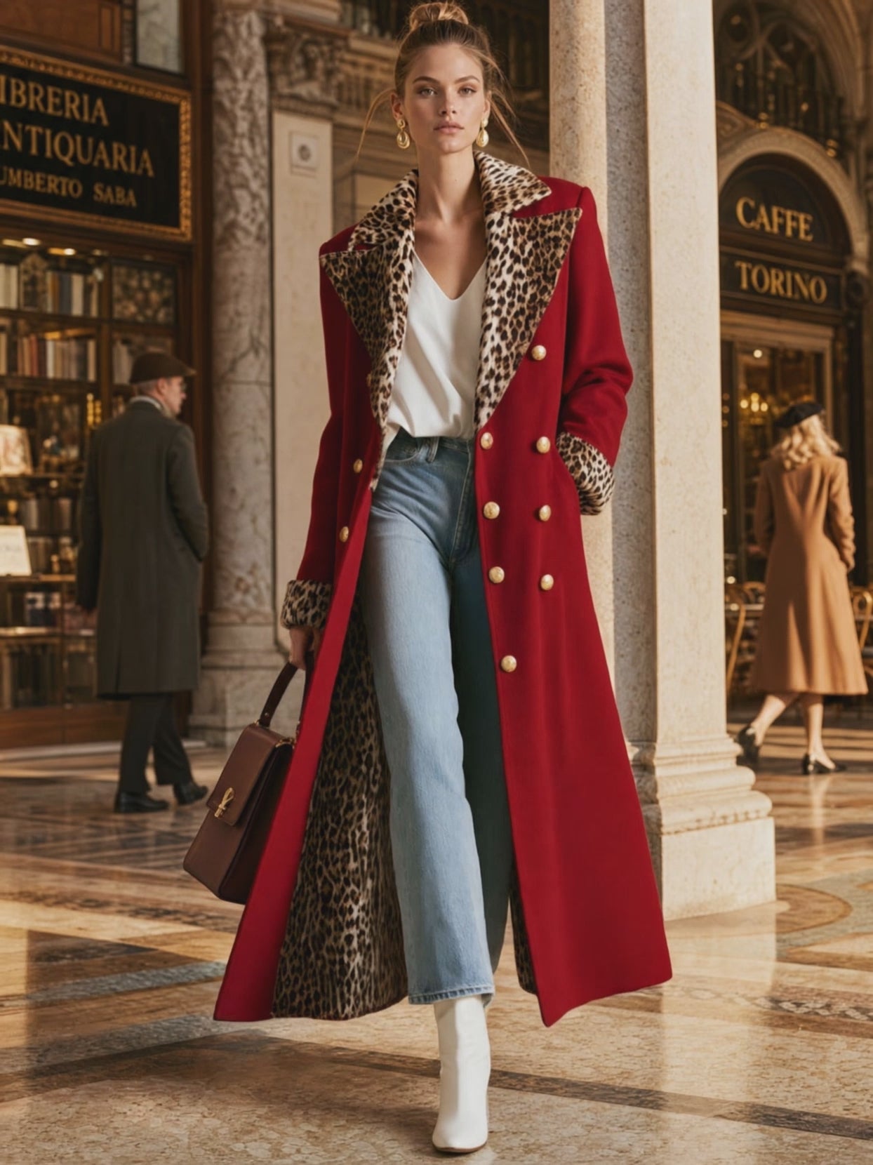 Elegant Retro Velvet Leopard Print Patchwork Red Coat