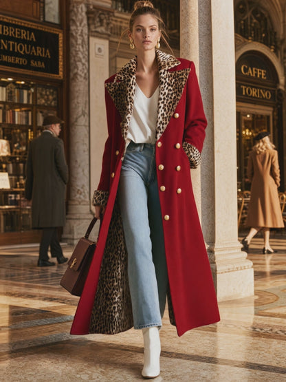 Elegant Retro Velvet Leopard Print Patchwork Red Coat