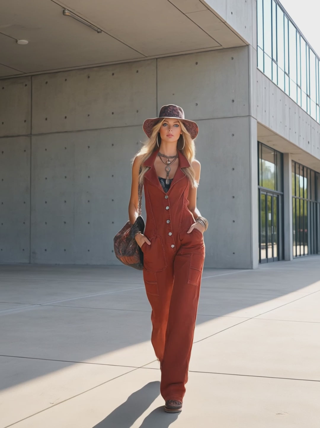 Retro-Chic Rust-Red Collared Denim Jumpsuit