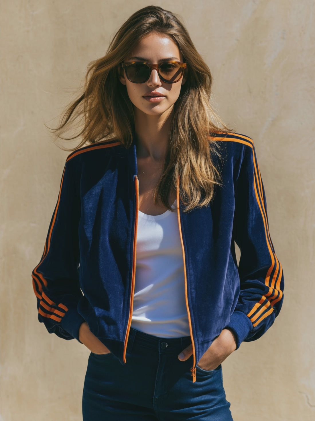 Casual Sport Retro Orange Webbing Dark Blue Velvet Baseball Jacket
