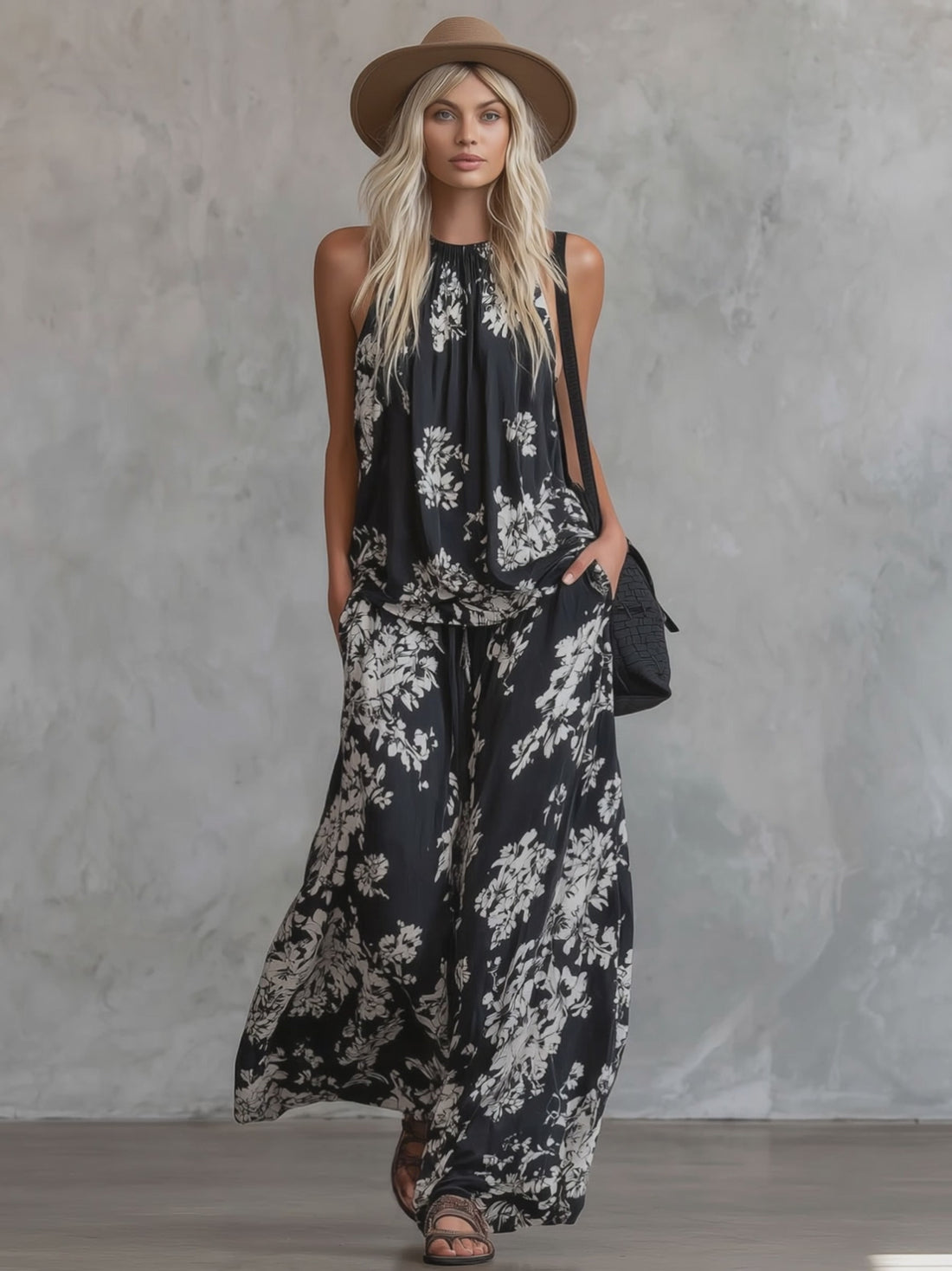Loose-fitting Floral Print Sleeveless Top And Trousers Chiffon Set
