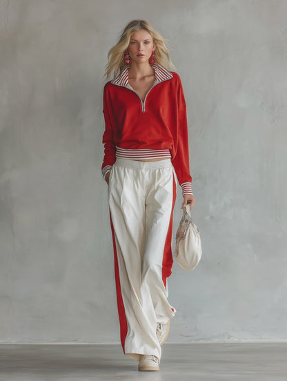 Casual-chic Striped-trim Red Sweatshirt And White Wide-leg Pants Athleisure Set