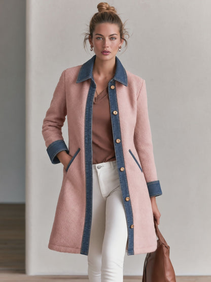 Casual Retro Pink Fleece Denim Patchwork Mid-length Coat