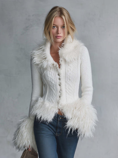 Vintage Fitted Button-Front Faux Fur Collar Cuff Cable Knit Cardigan