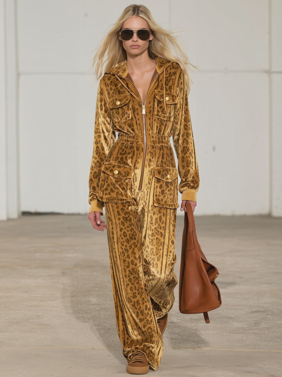 Casual Retro Zip-up Striped Leopard Print Gold Velvet Hooded Jumpsuit
