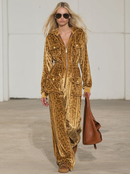 Casual Retro Zip-up Striped Leopard Print Gold Velvet Hooded Jumpsuit