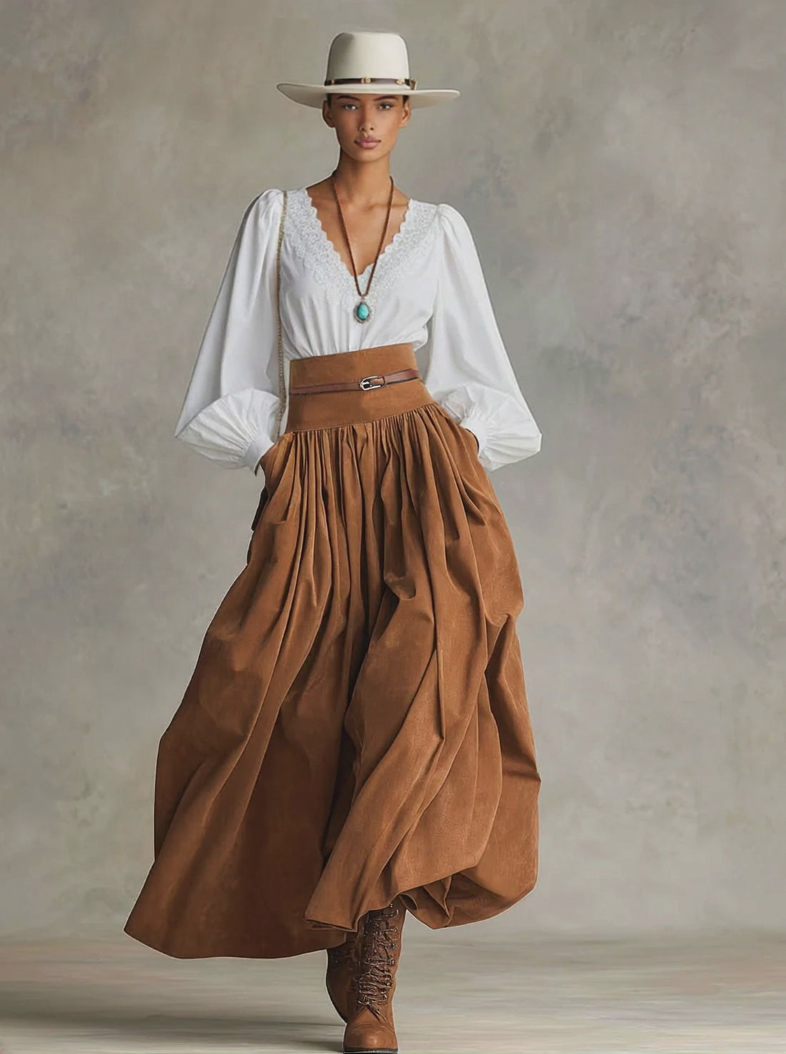 Retro-style Faux Suede High-waisted Pleated Midi Skirt