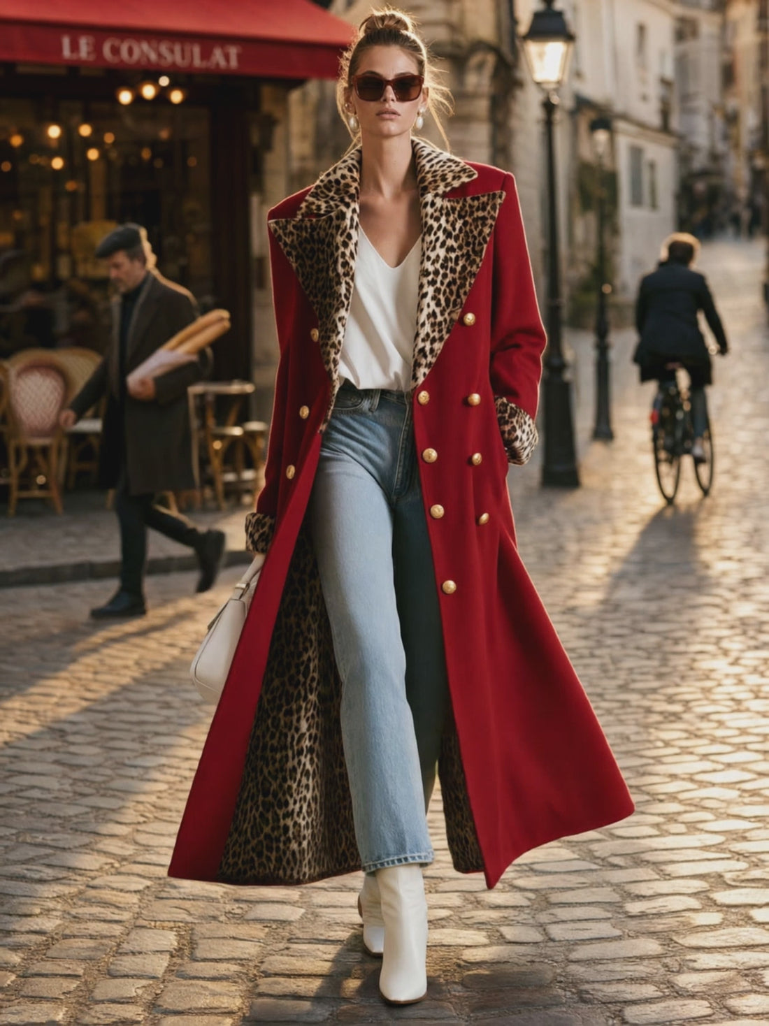 Elegant Retro Velvet Leopard Print Patchwork Red Coat