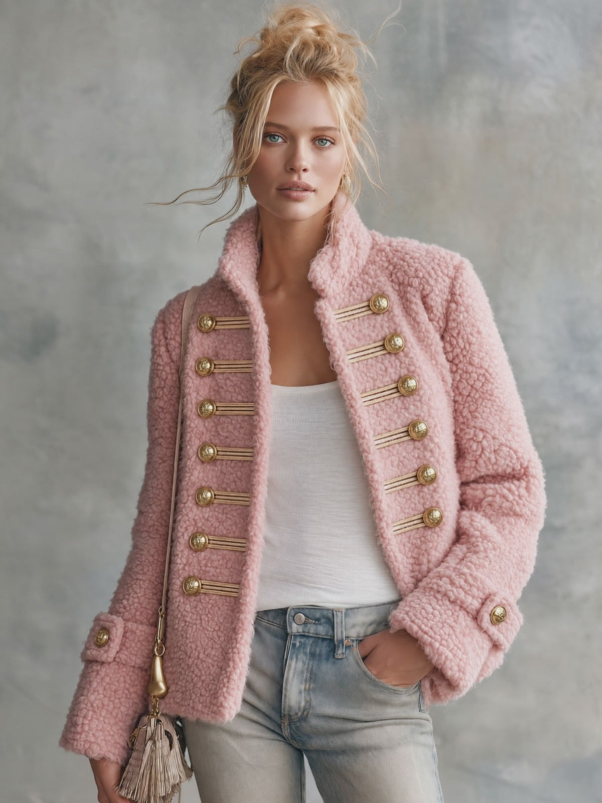 Retro Elegant Pink Teddy Fleece Stand-Collar Gold-Button Military Coat