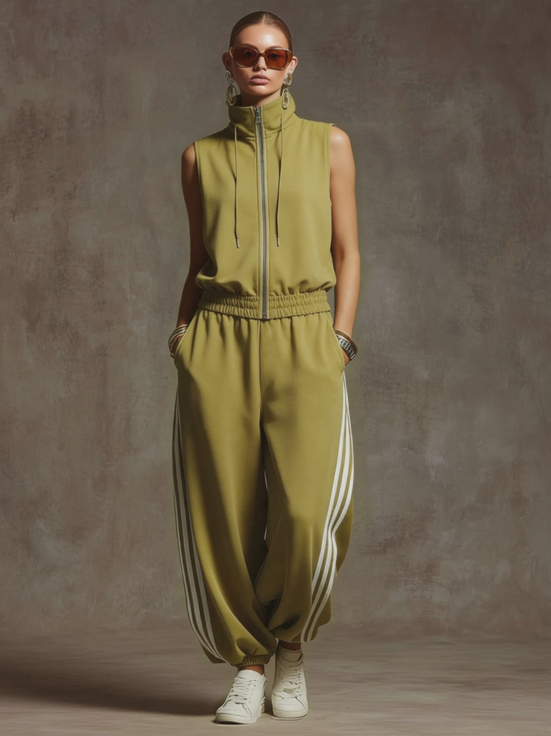 Casual Retro Sporty Yellow-Green Cotton Sleeveless Sweatshirt And Balloon Pants Set