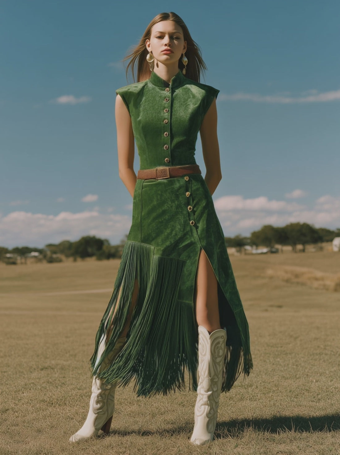 Western Retro Green Tassel Faux Suede Slit Sleeveless Midi Dress