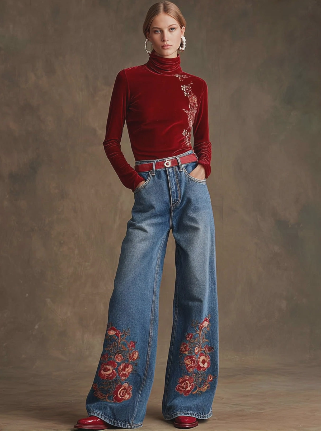 Casual Retro Floral Embroidered High-Neck Red Velvet Long-Sleeve T-Shirt