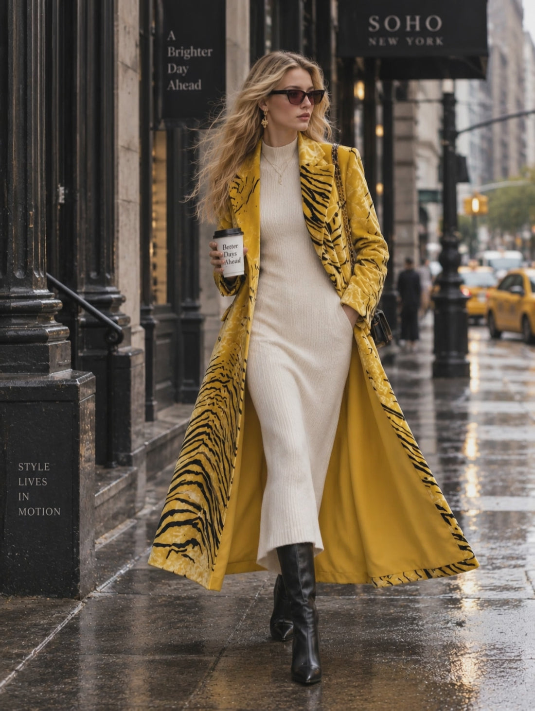 Retro-chic Yellow Zebra-print Velvet Collared Coat