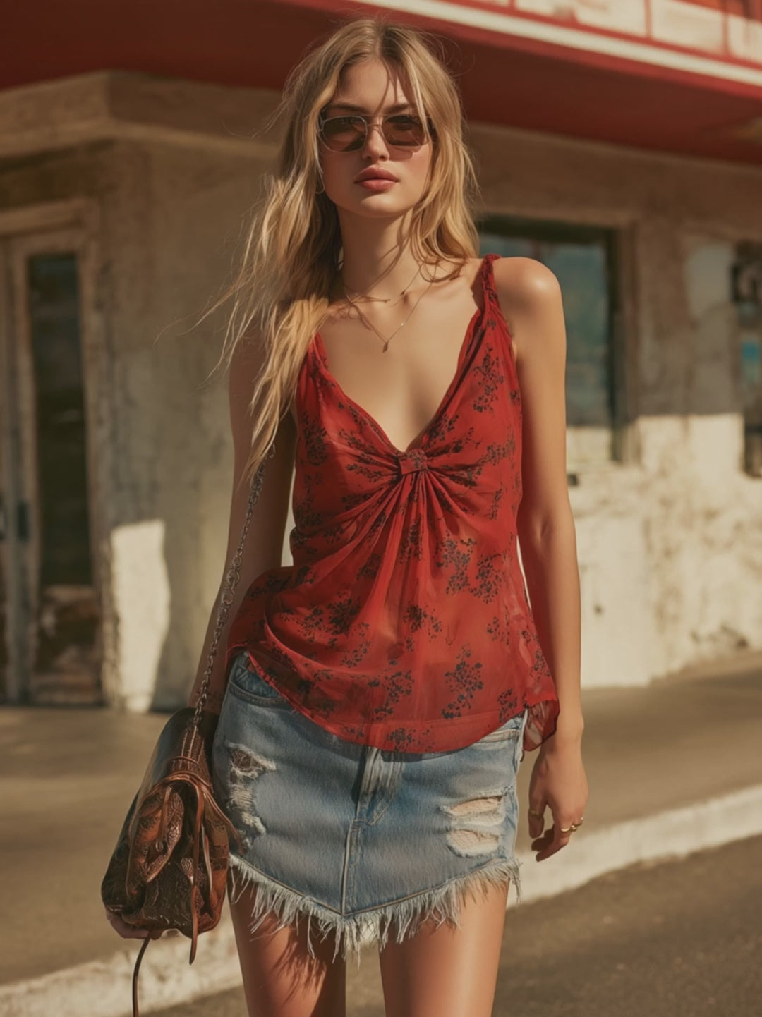 Western Retro Blue Frayed Denim Mini Skirt