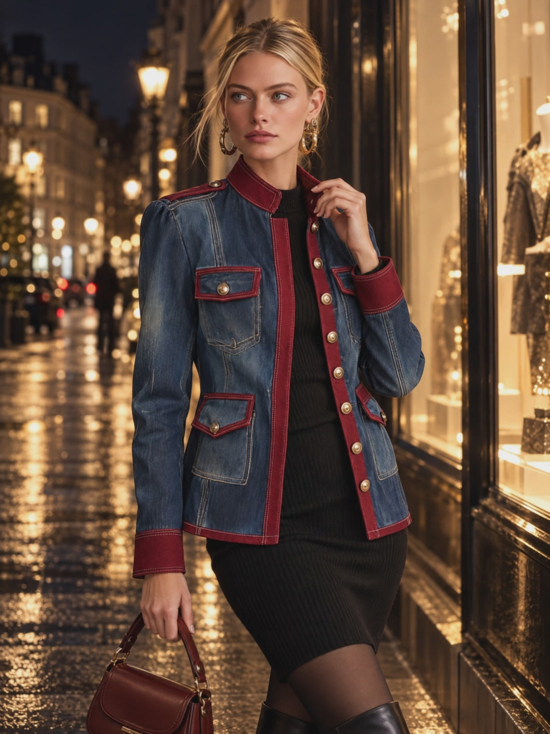 Women’s Burgundy Trim And Gold Buttons Military Denim Jacket