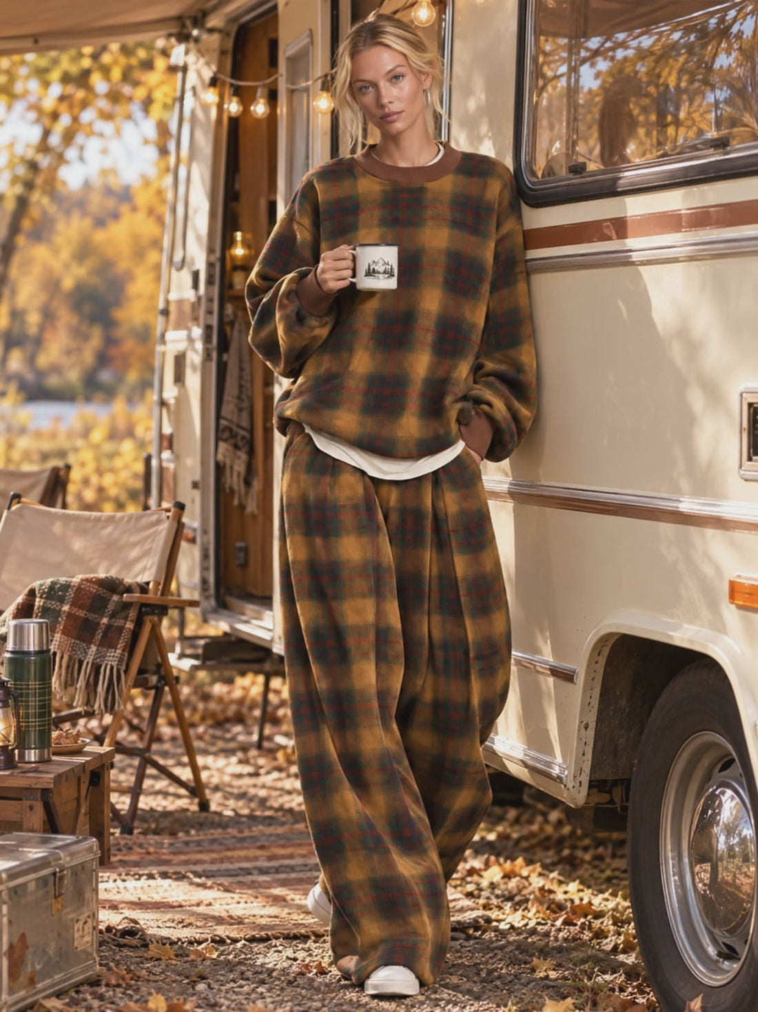 Retro Casual Brown Plaid Oversized Crewneck Sweatshirt And Wide-Leg Pants Set