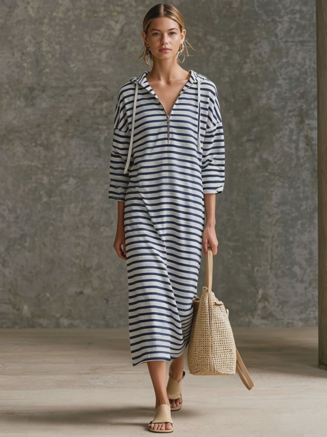 Casual Sporty Retro Black And White Striped Pure Cotton Hooded Midi Dress