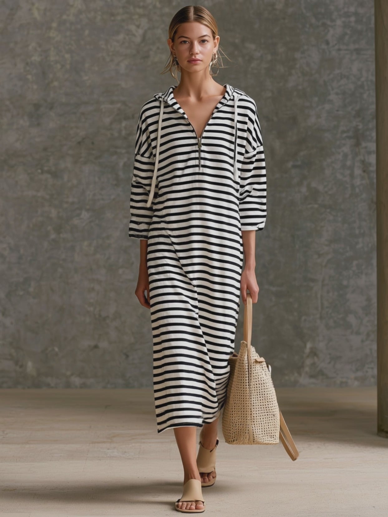 Casual Sporty Retro Black And White Striped Pure Cotton Hooded Midi Dress