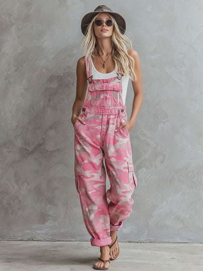 Casual Retro Pink Overalls With Multiple Pockets Camouflage Denim Jumpsuit