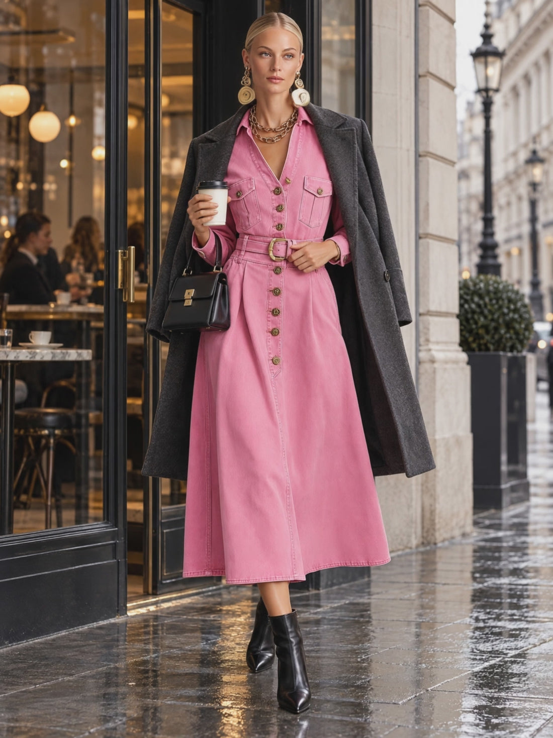 Retro Western Pink Belted Button Front Denim Midi Dress