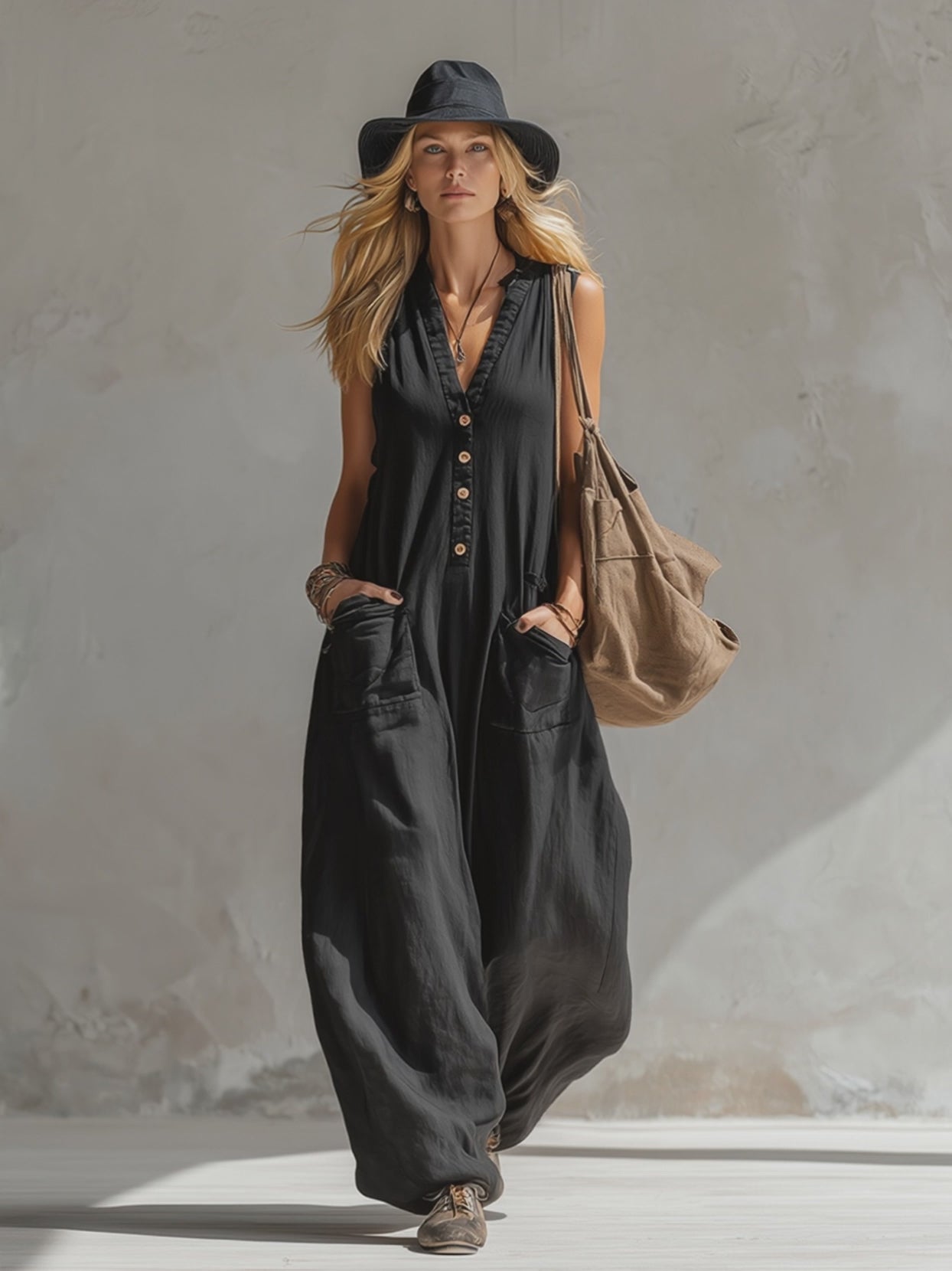 Elegant Urban-style Black Cotton And Linen Sleeveless Jumpsuit