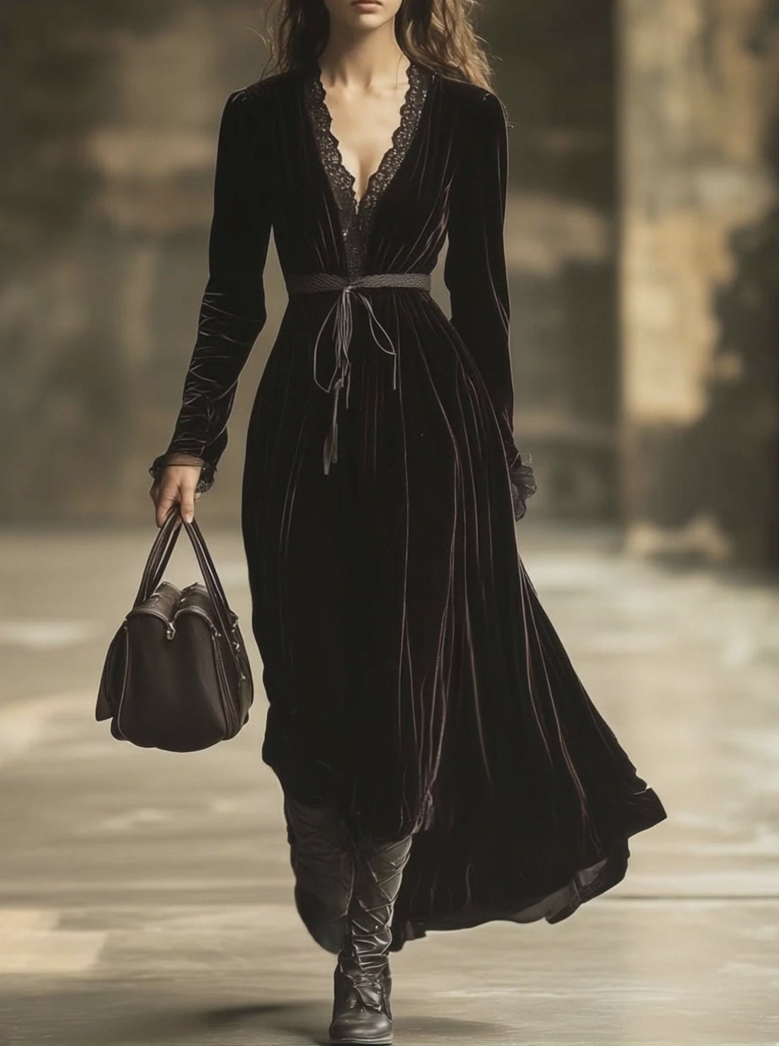 V-Neck Lace Panel Solid Velvet Long-Sleeved Maxi Dress