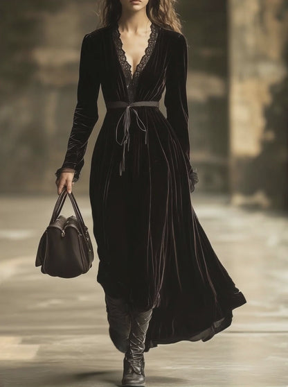 V-Neck Lace Panel Solid Velvet Long-Sleeved Maxi Dress