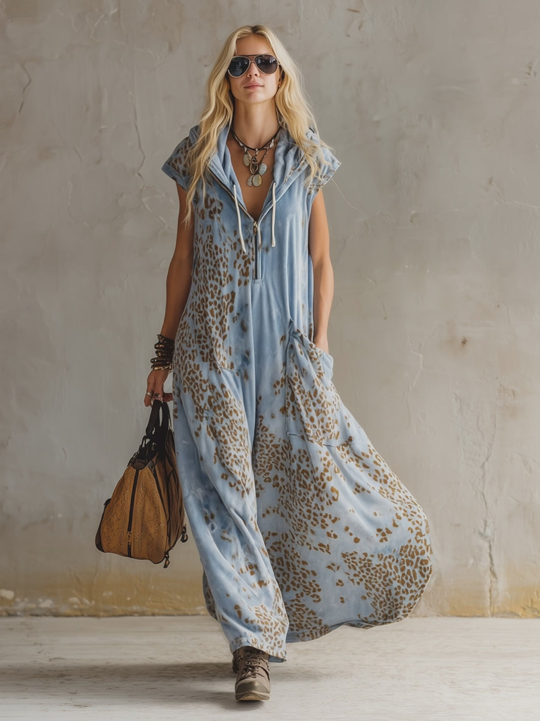Stylish Urban Leopard Print Sky Blue Velvet Hooded Maxi Dress