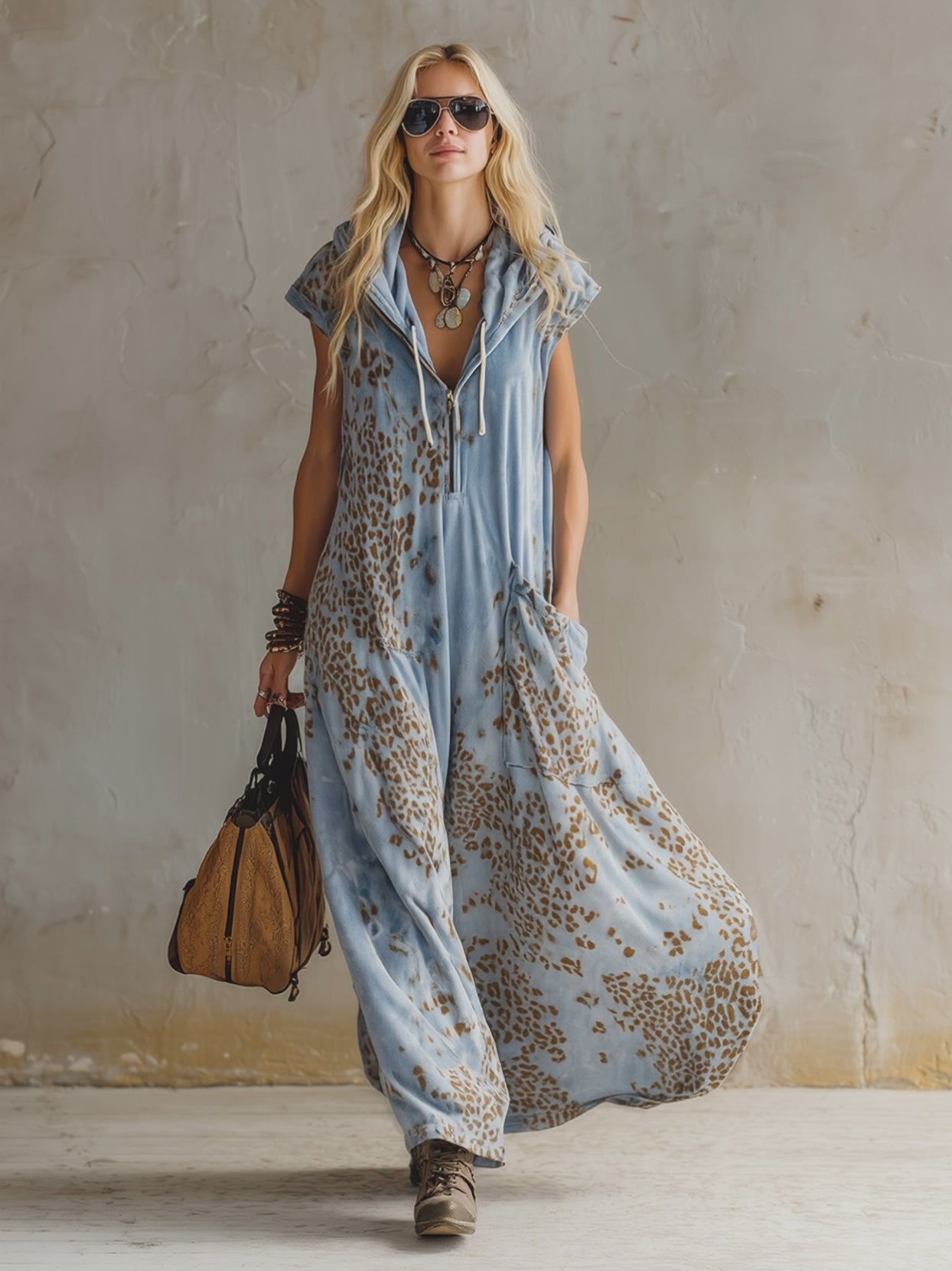 Stylish Urban Leopard Print Sky Blue Velvet Hooded Maxi Dress