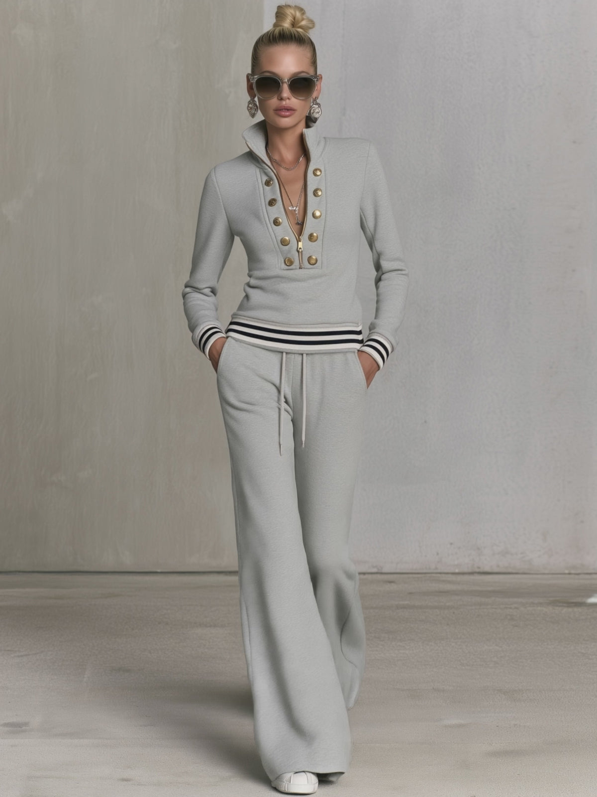 Fashionable Sporty Grey Half-zip Button Sweatshirt And Wide-leg Pants Set