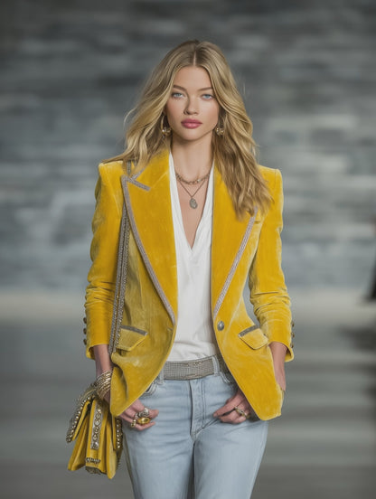 Vintage Silver-trimmed Multi-pocket Velvet Blazer