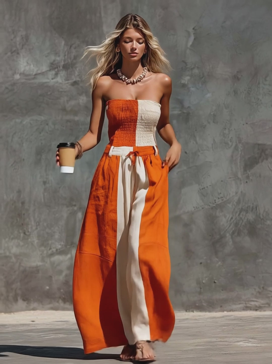 Casual Fashion Strapless Orange And Off-White Contrast Cotton-Linen Jumpsuit