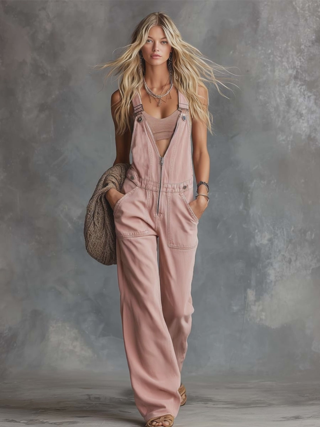Retro Casual Western V-Neck Front-Zip Light Pink Denim Overalls Jumpsuit