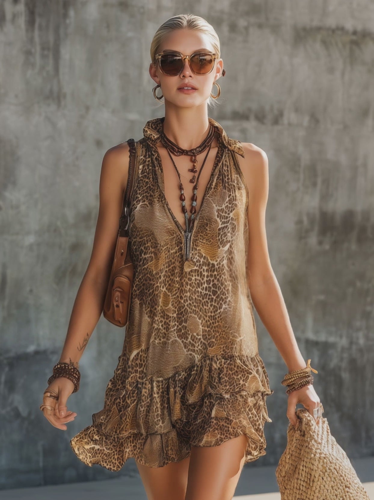 Vacation Retro Brown Chiffon Leopard Print Sleeveless Ruffle Mini Dress