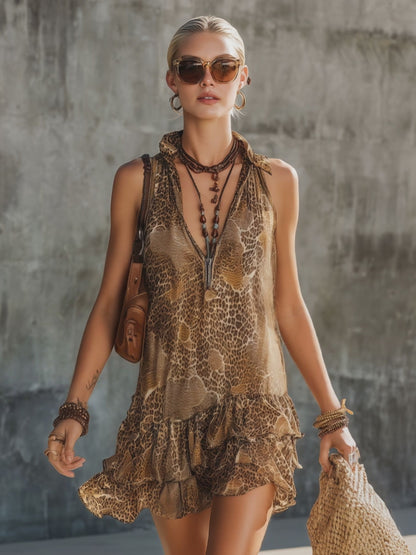 Vacation Retro Brown Chiffon Leopard Print Sleeveless Ruffle Mini Dress
