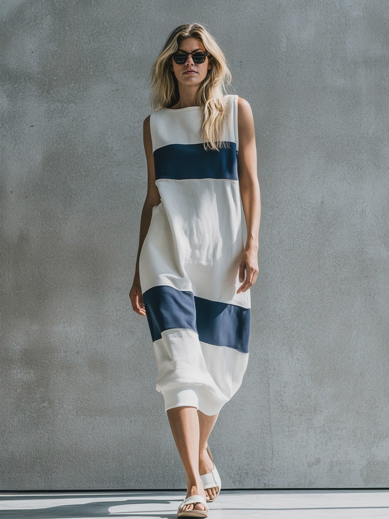 Casual Basic Everyday Blue-and-White Color-Block Cotton Midi Dress