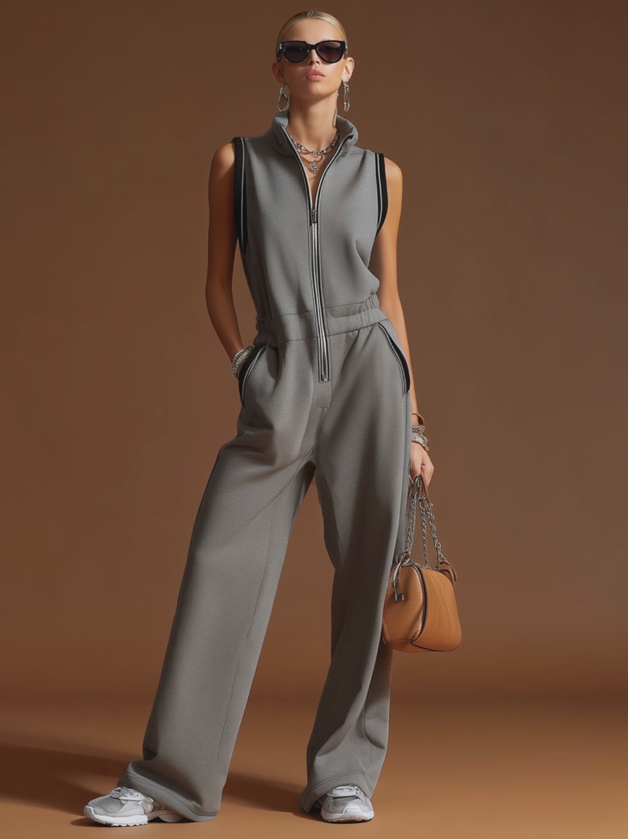 Casual Sporty Retro Dark Gray Cotton Blend Zipper Sleeveless Jumpsuit