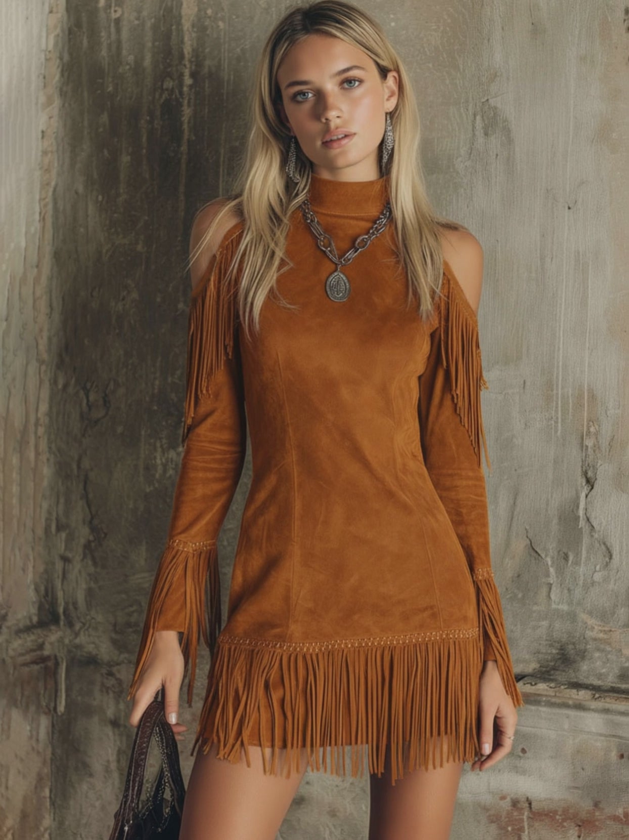 Semi-high Neck Off-the-shoulder Fringed Faux Suede Long-sleeved Mini Dress